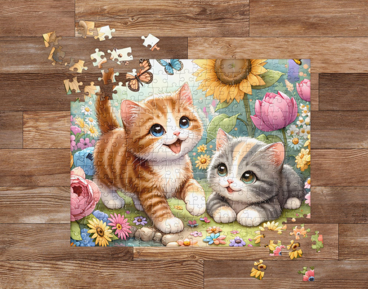 Kittens in a Blooming Garden: Vibrant Cats Jigsaw Puzzle for Cat Lovers and Puzzle Enthusiasts