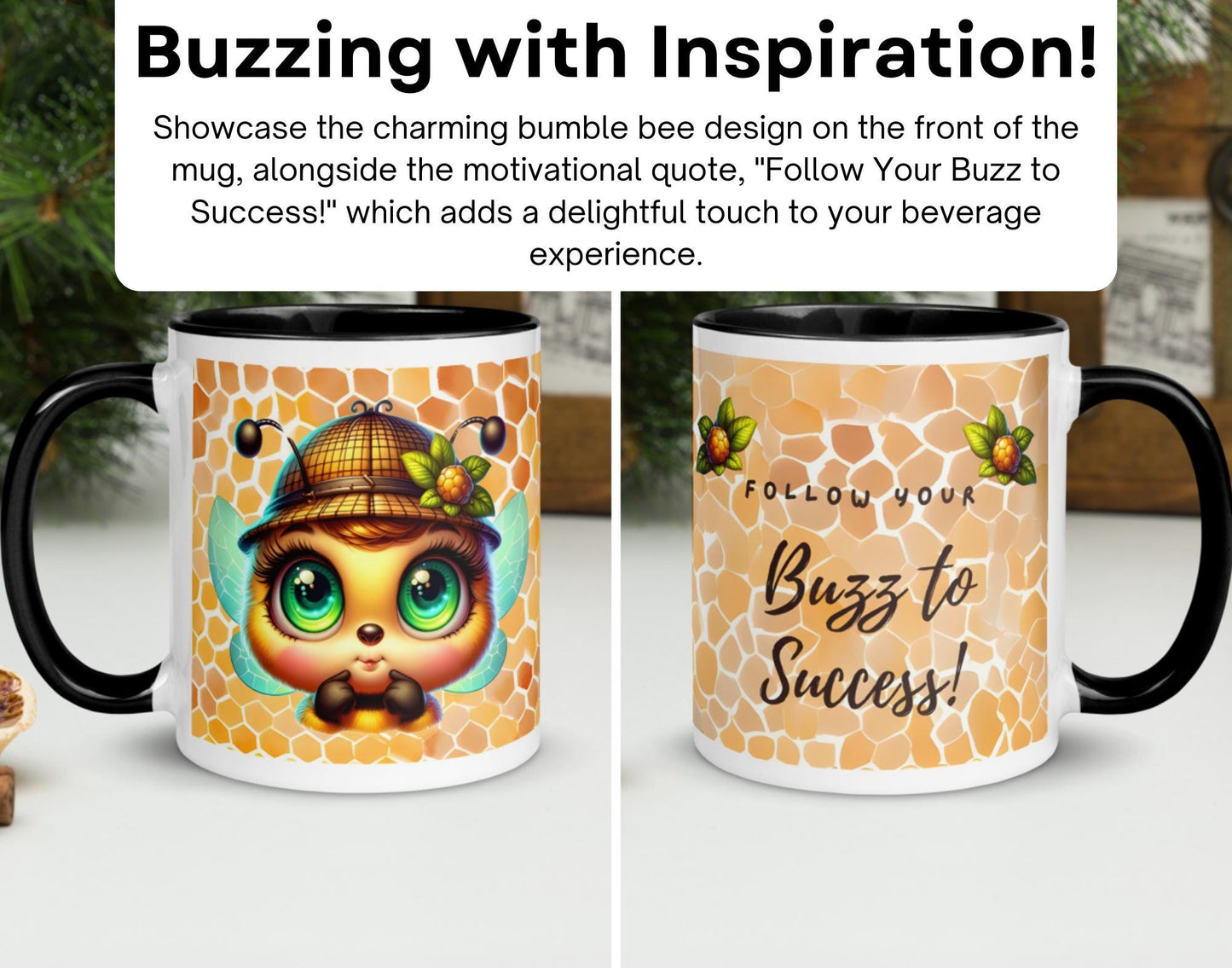 Cute Ceramic Bee Coffee Mug | 11 oz Black & White Bee Mug | 'Follow Your Buzz to Success!' | Perfect Gift for Bee Lovers