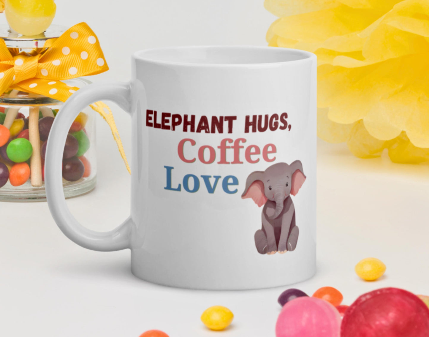 Elephant Hugs Coffee Love Mug - Cute Baby Elephant Coffee Cup - 11 oz, 15 oz, 20 oz - Dishwasher & Microwave Safe - Gift for Elephant Lovers