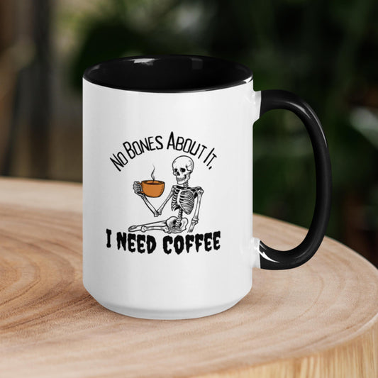 Halloween Mug  No Bones About It, I Need Coffee  Black Interior, Skeleton Design 11 oz   Dishwasher & Microwave Safe Ceramic Coffee Mug