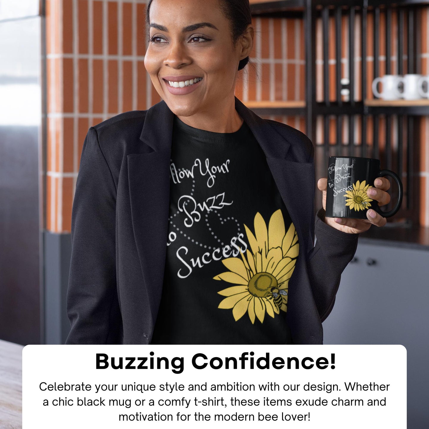 Stylish Black 'Follow Your Buzz to Success' Women's T-Shirt | Motivational Bee Design Tee | Comfy Bella + Canvas Fashion Top for Bee Lovers