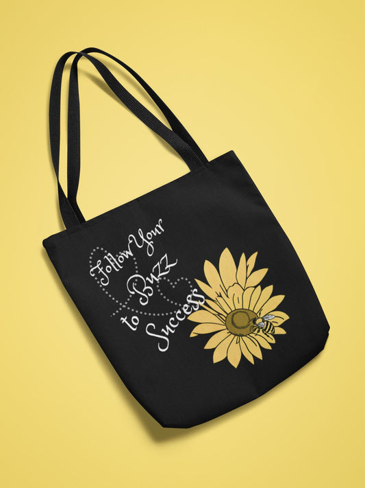 Eco-Friendly Organic Cotton Black Tote Bag | Customizable Sustainable Design | "Follow Your Buzz to Success" | Reusable Grocery Shopper