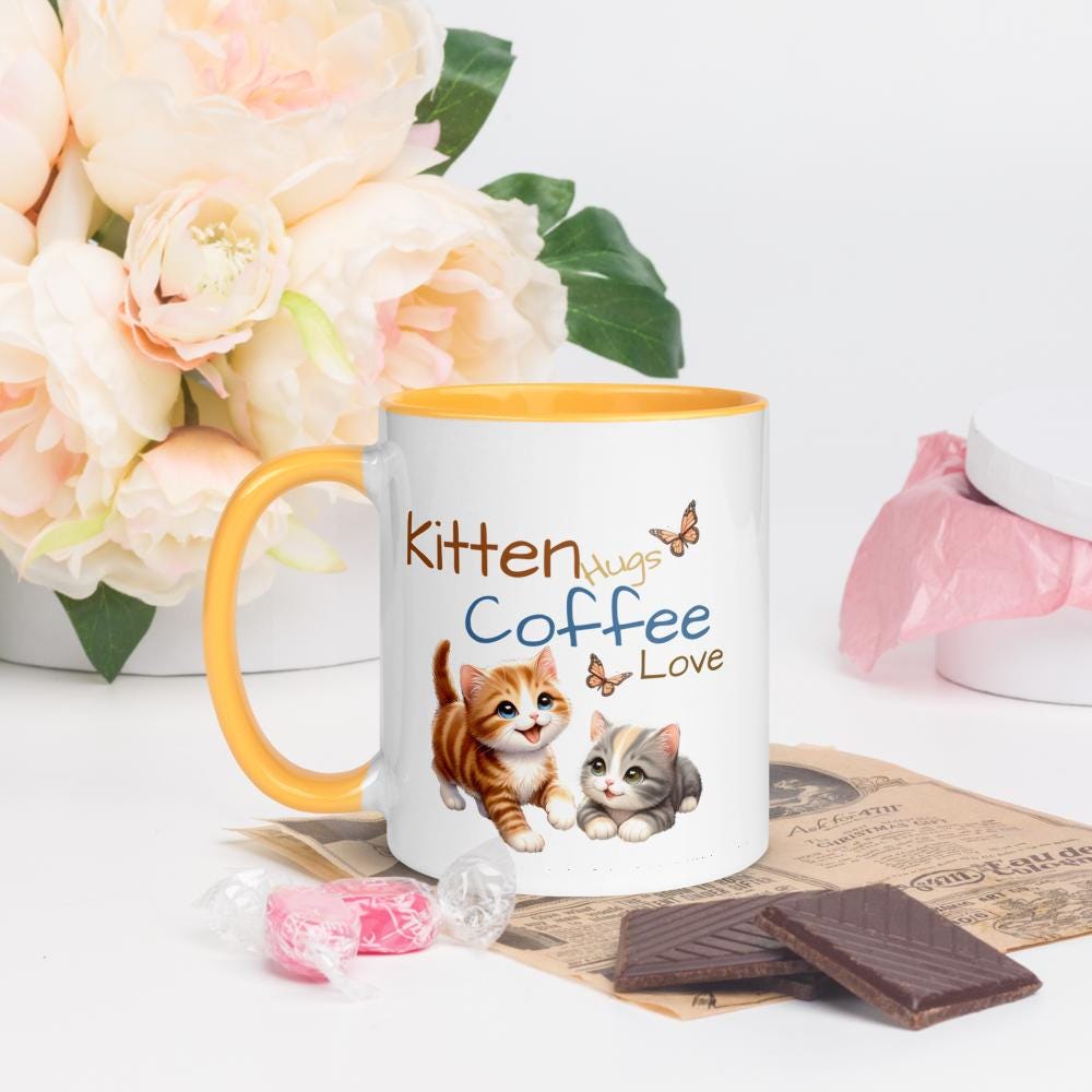 Adorable Kitten Coffee Mug  Cute Cat Lover Gift, Ceramic 11oz & 15oz, Colorful Inside, Dishwasher Safe, Perfect for Morning Coffee