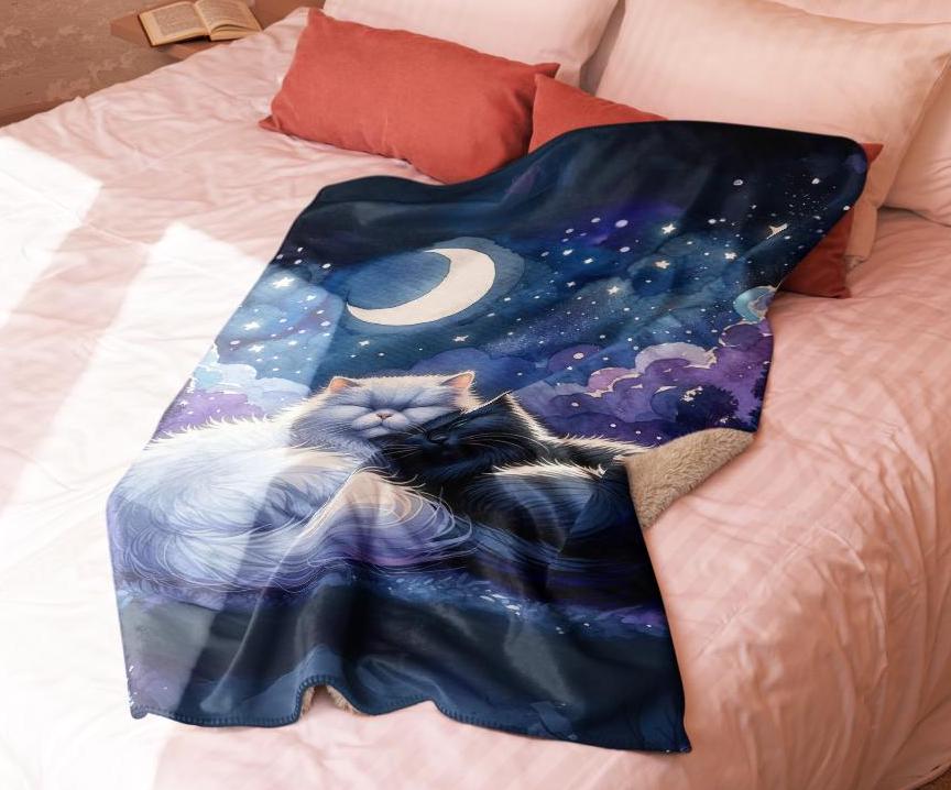 Fluffy Sherpa Cat Blanket - Cozy Starry Night Design with Cuddling Cats, Perfect Gift for Cat Lovers and Home Decor