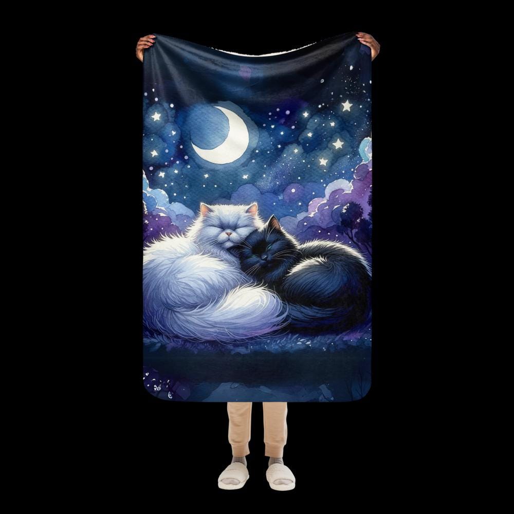 Fluffy Sherpa Cat Blanket - Cozy Starry Night Design with Cuddling Cats, Perfect Gift for Cat Lovers and Home Decor