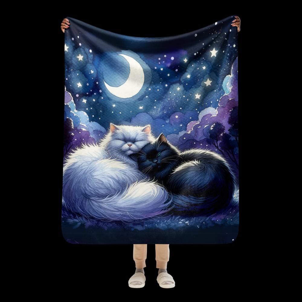 Fluffy Sherpa Cat Blanket - Cozy Starry Night Design with Cuddling Cats, Perfect Gift for Cat Lovers and Home Decor