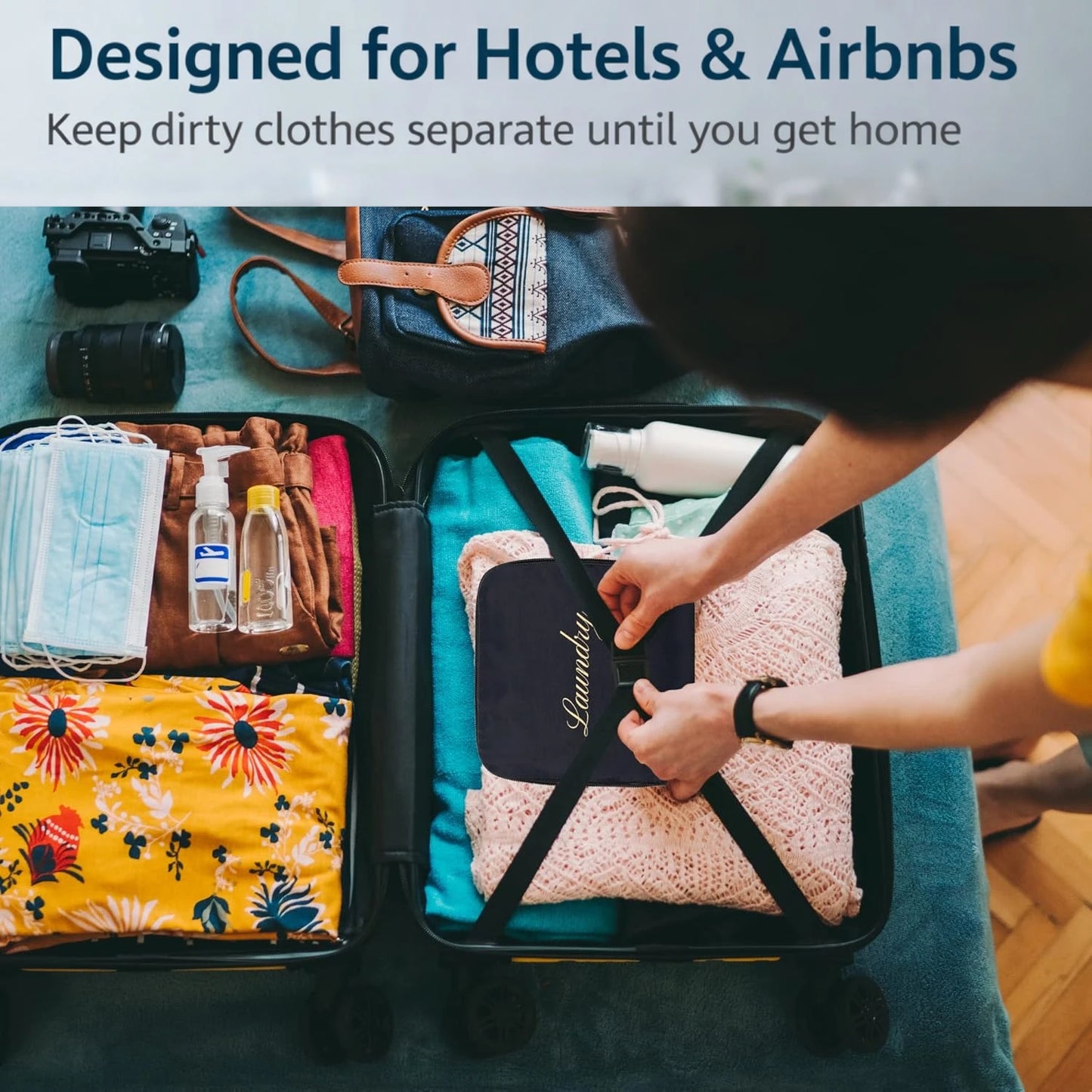 Black drawstring laundry bag closed to contain odors during travel