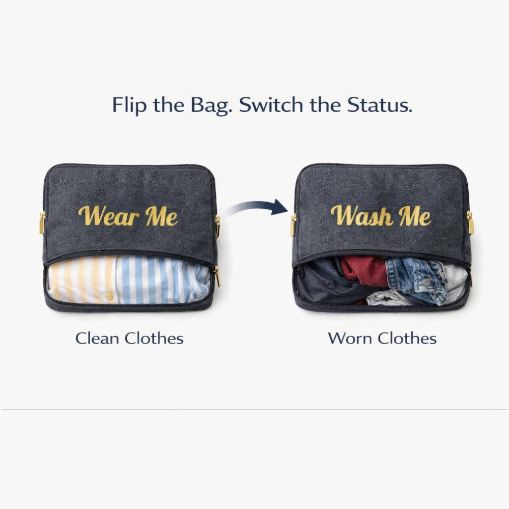 Two charcoal gray travel laundry pouches shown closed, featuring gold zipper details and soft structured fabric