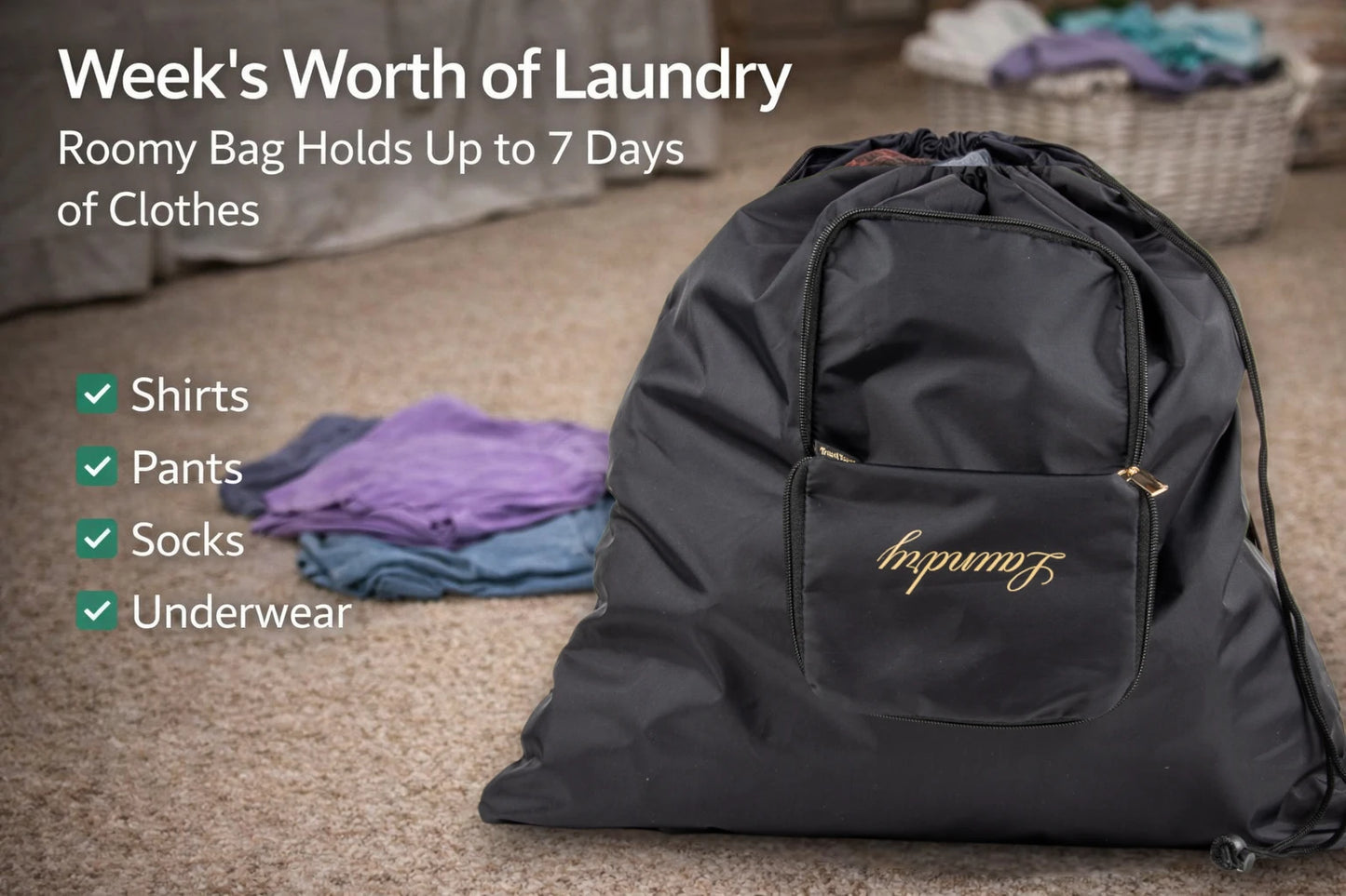 Large black travel laundry bag filled with clothes showing roomy capacity for a week of laundry