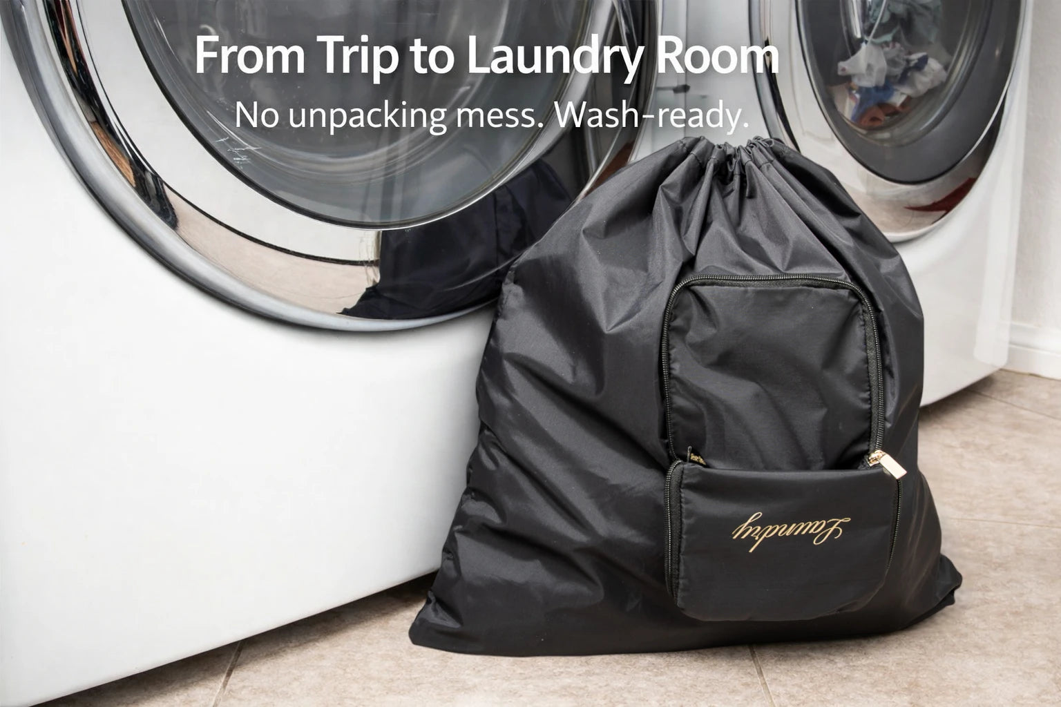 Travel laundry bag next to washing machine for easy unpacking after trip