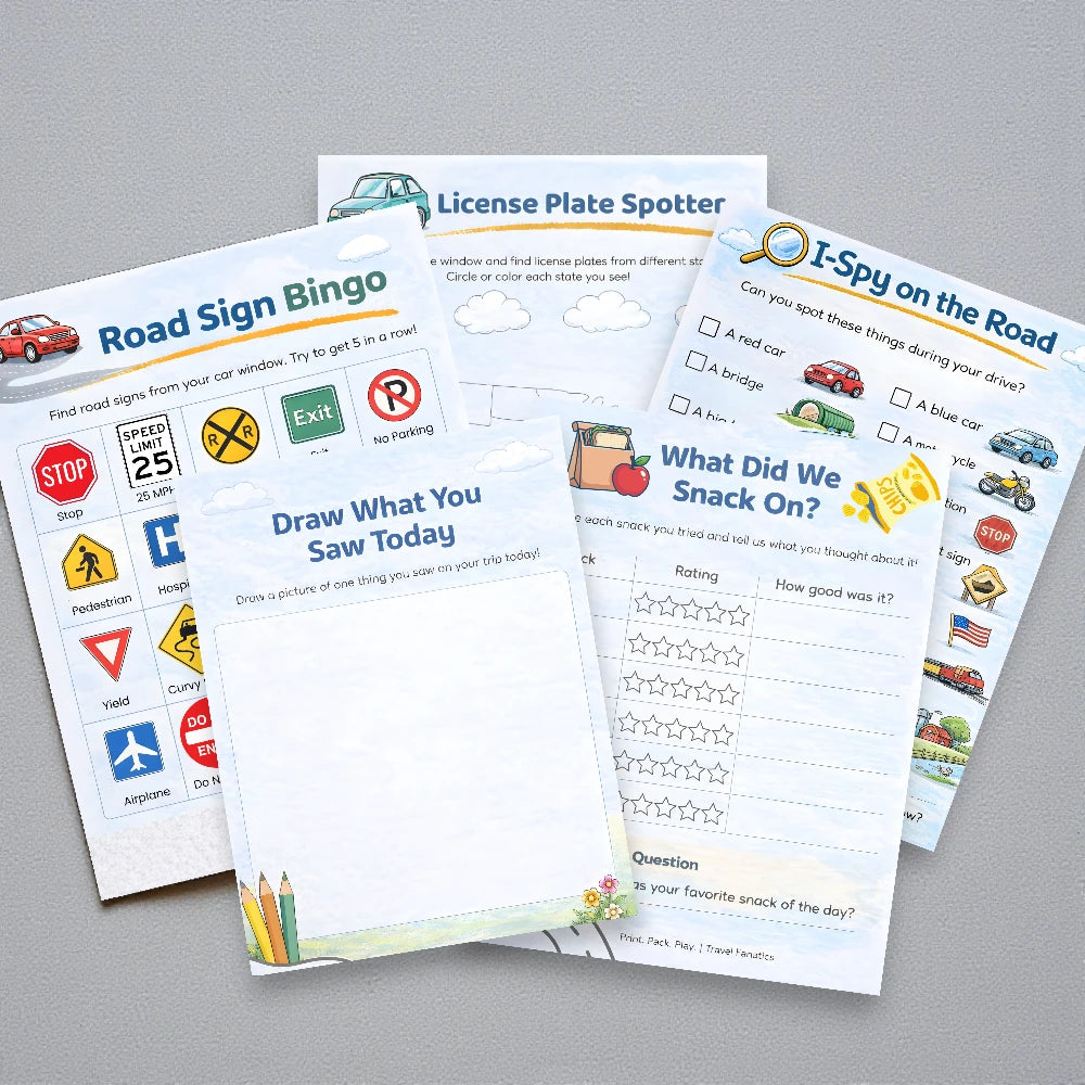 Collection of educational road trip activity sheets on a gray surface

