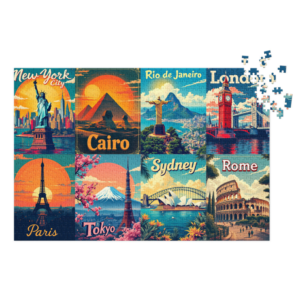 Collage of famous city landmarks with puzzle pieces on a white background

