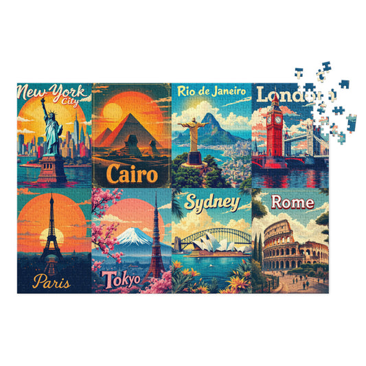 Collage of famous city landmarks with puzzle pieces on a white background

