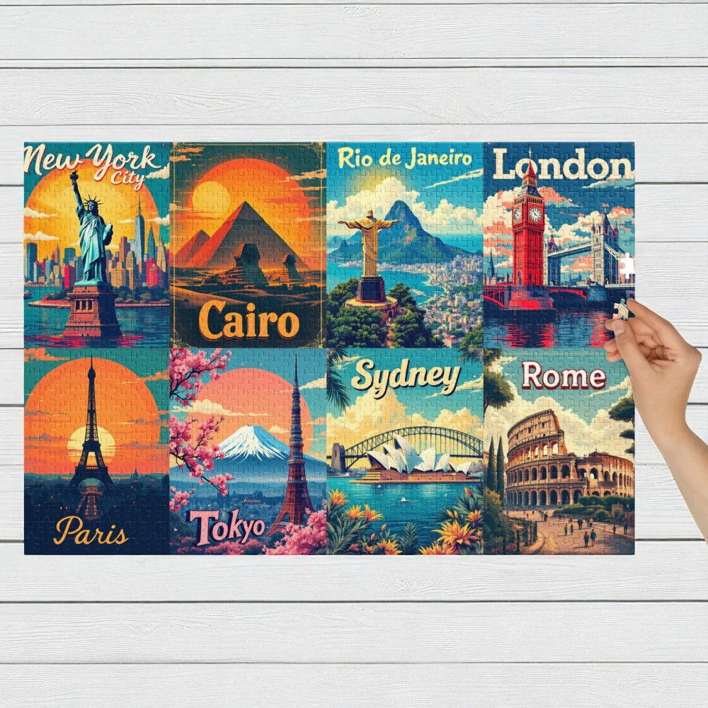 Collage of travel-themed posters featuring famous landmarks around the world on a wooden surface.

