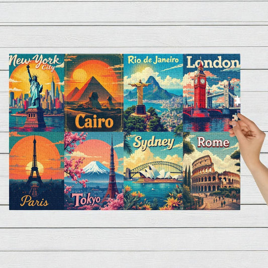 Collage of travel-themed posters featuring famous landmarks around the world on a wooden surface.

