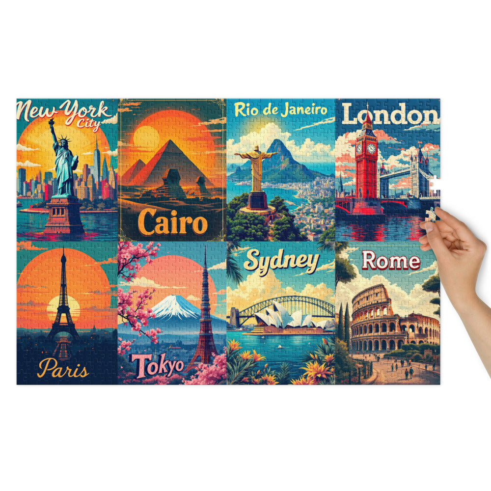 Collage of travel-themed posters featuring famous landmarks around the world.

