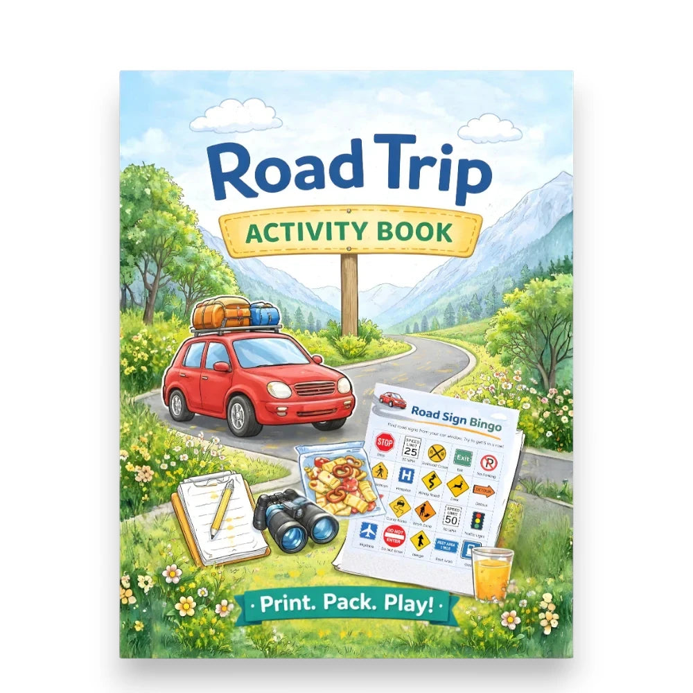 Cover of 'Road Trip' activity book with a car, road signs, and nature scenery.


