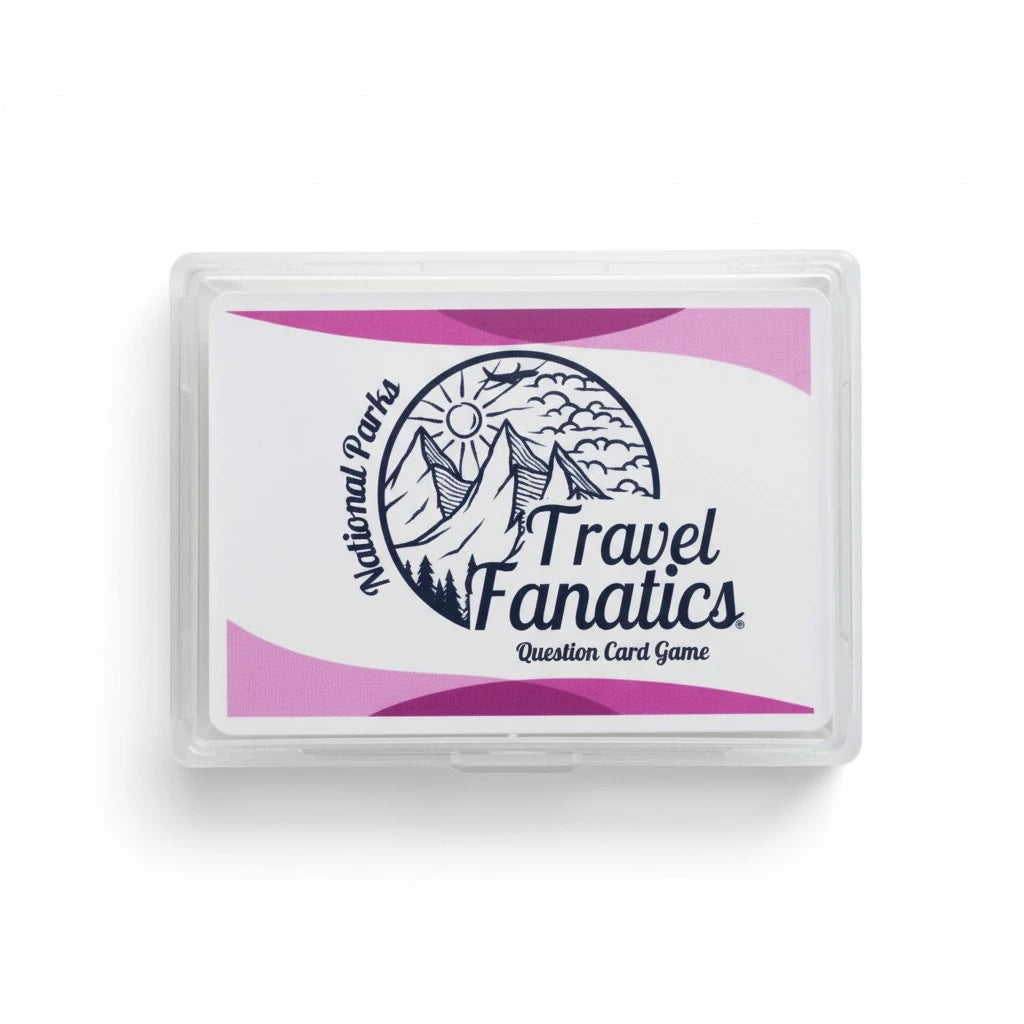 Travel Fanatics card game box with purple and white design on a white background


