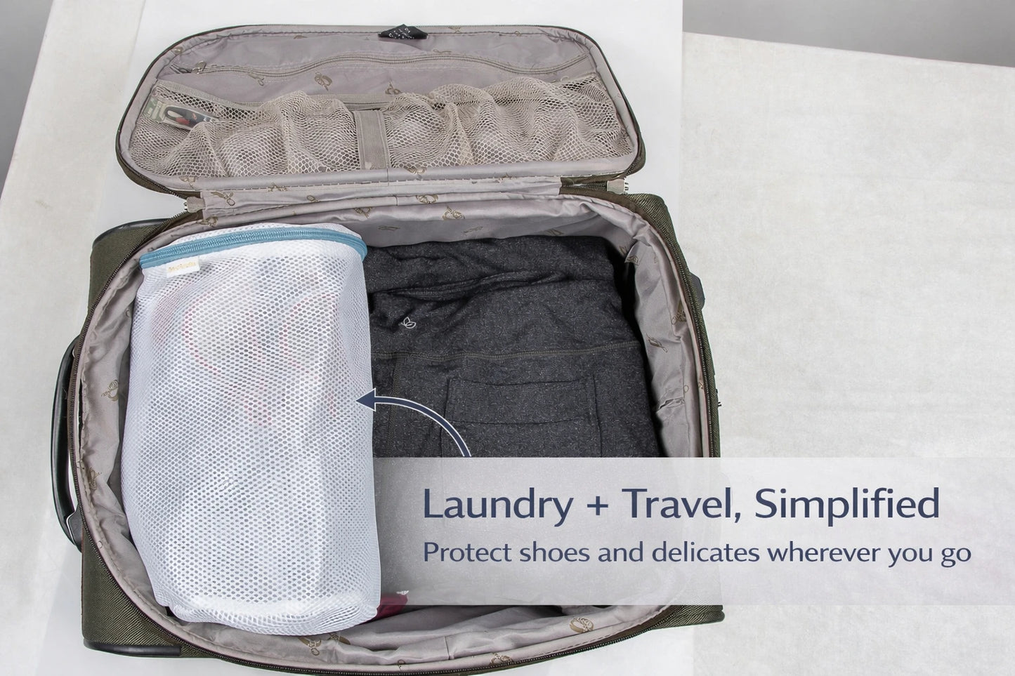 Travel-friendly mesh shoe bag used to separate shoes from clean clothes in luggage