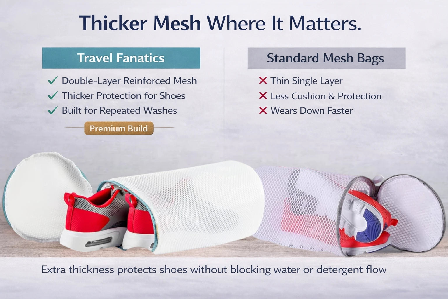 Reusable mesh shoe wash bag holding a pair of athletic shoes for machine washing