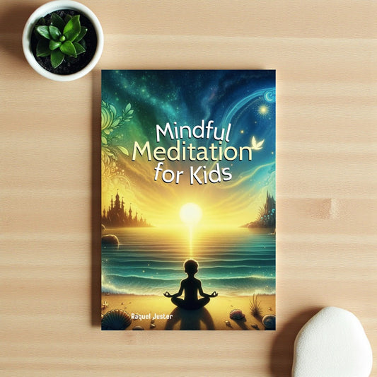 Book titled 'Mindful Meditation for Kids' on a wooden surface with a small plant.

