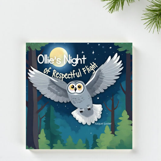 Book cover of 'Ollie's Night of Respectful Flight' with an owl illustration on a forest night background.

