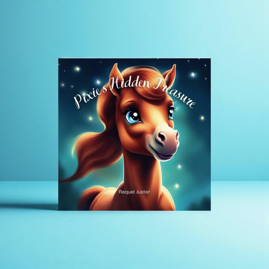 Book cover of 'Pixie's Hidden Treasure' featuring a cartoon horse on a blue background

