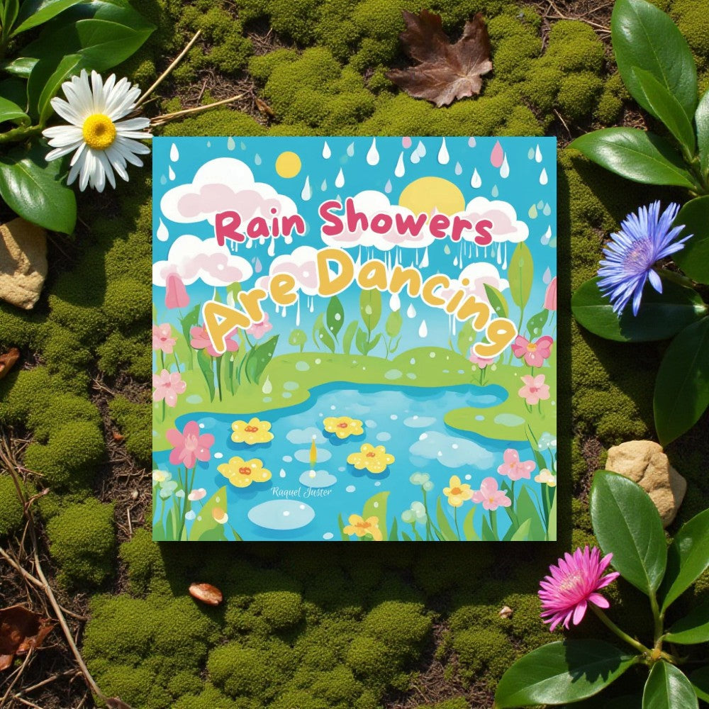 Children's book titled 'Rain Showers Are Dancing' on a green moss background with flowers.

