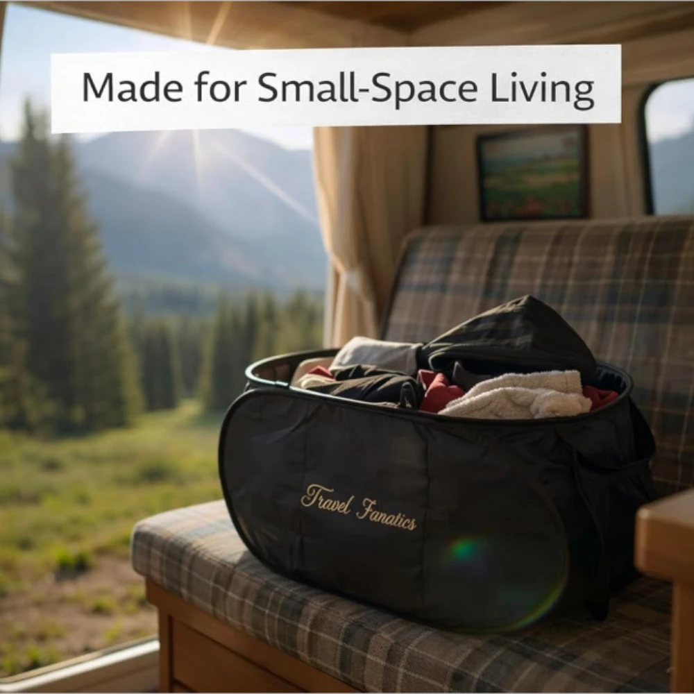 Mesh side pocket on laundry hamper designed to store detergent, dryer sheets, or accessories