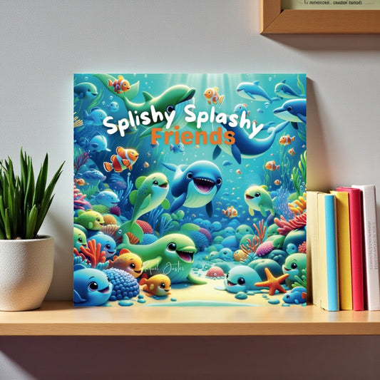 Children's book titled 'Splishy Splashy Friends' on a shelf with books and a plant.

