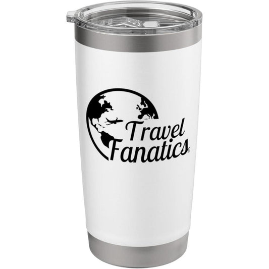 White tumbler with 'Travel Fanatics' logo on a white background