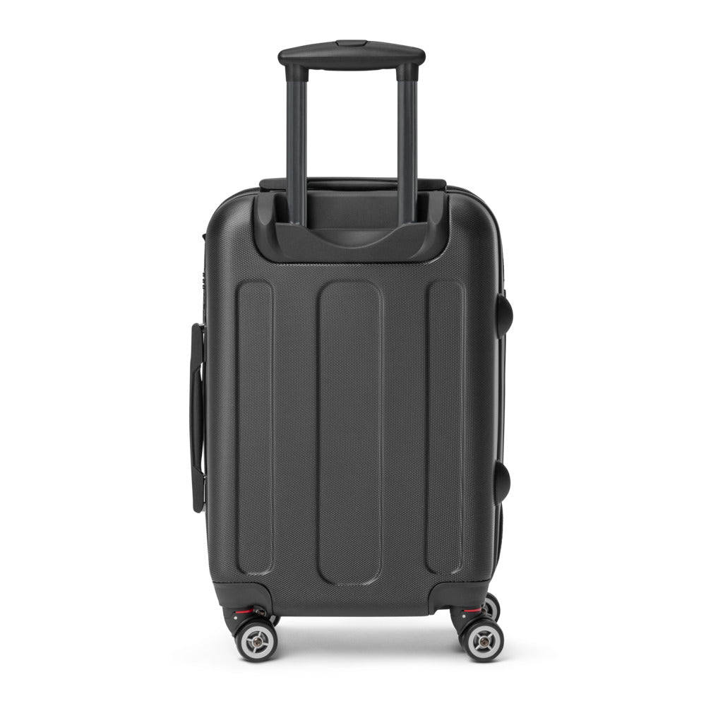 Black suitcase with wheels on a white background
