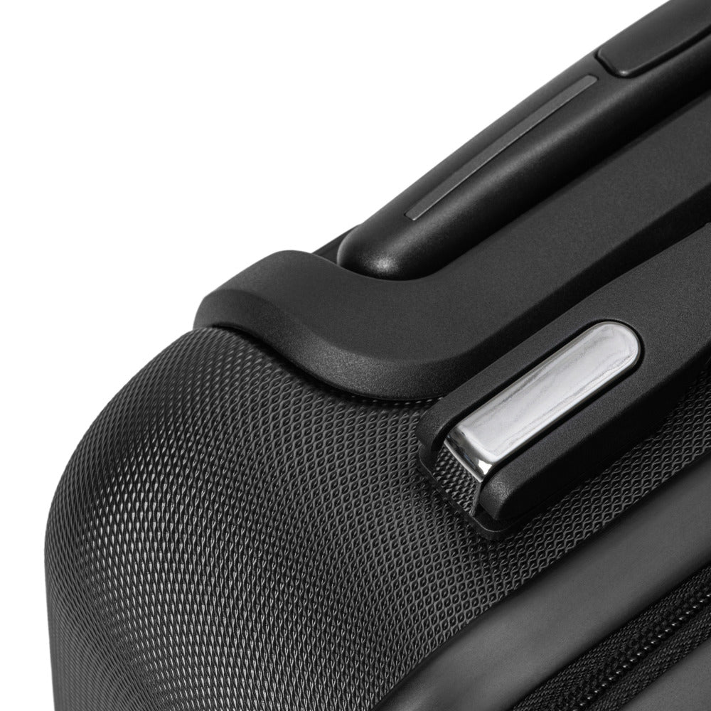 Close-up of a black suitcase handle on a white background