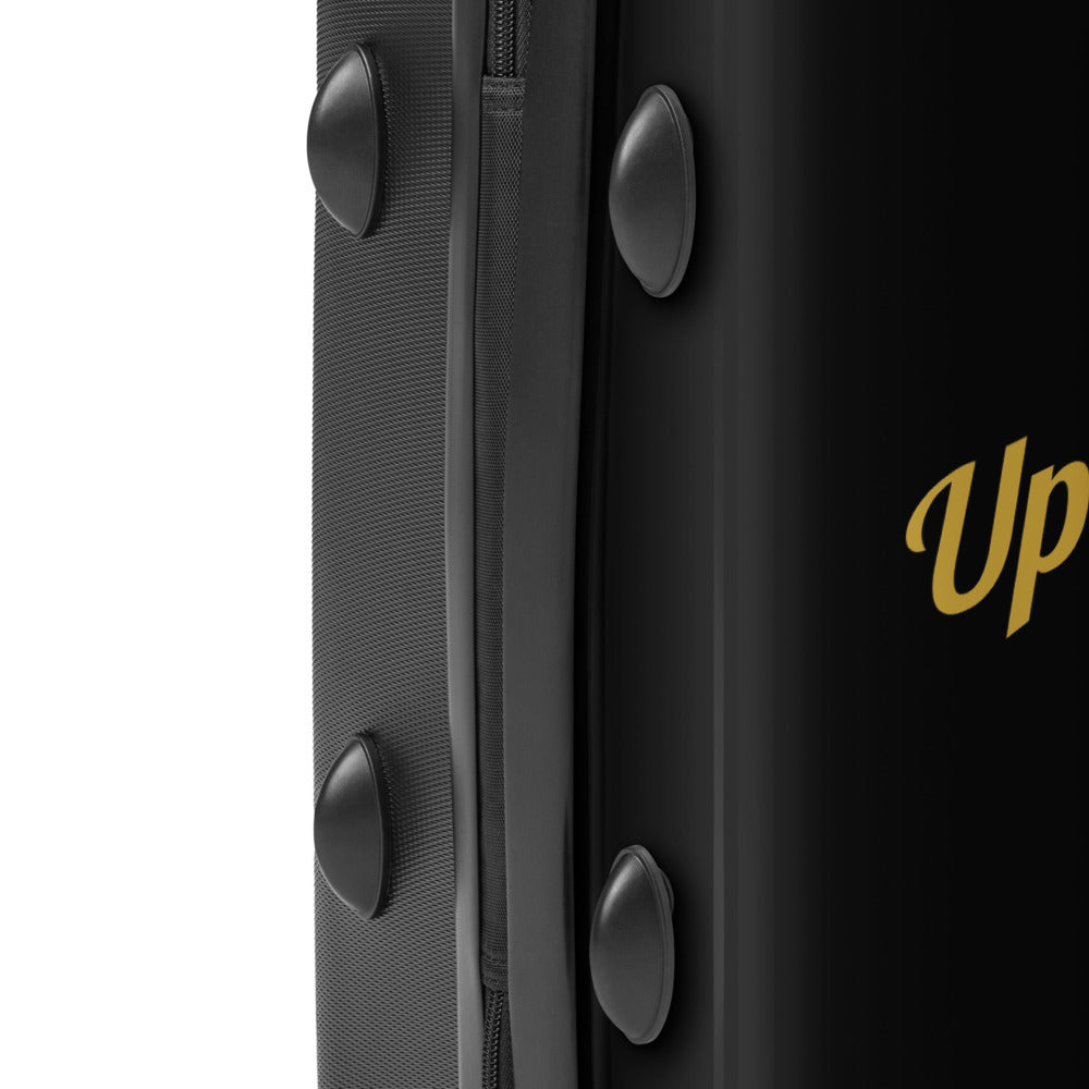 Black suitcase with gold lettering on a white background