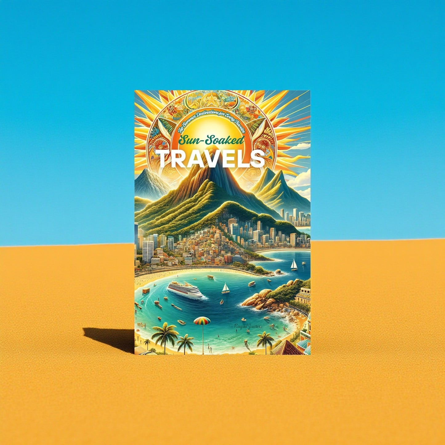 Book cover of 'Sun-Soaked Travels' with a beach and mountain scene on a blue and orange background

