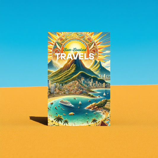 Book cover of 'Sun-Soaked Travels' with a beach and mountain scene on a blue and orange background

