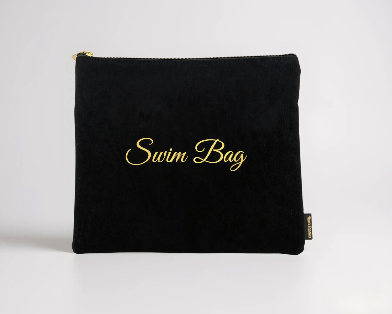 Black pouch with 'Swim Bag' text in gold on a white background

