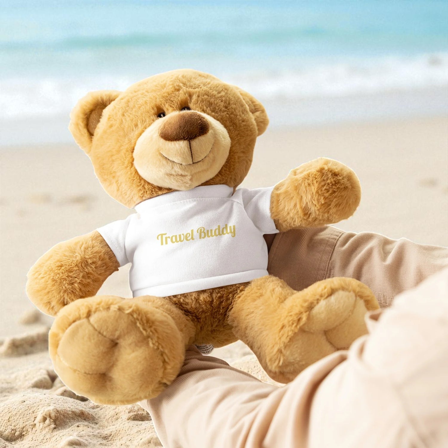 Teddy bear wearing a 'Travel Buddy' shirt on a beach

