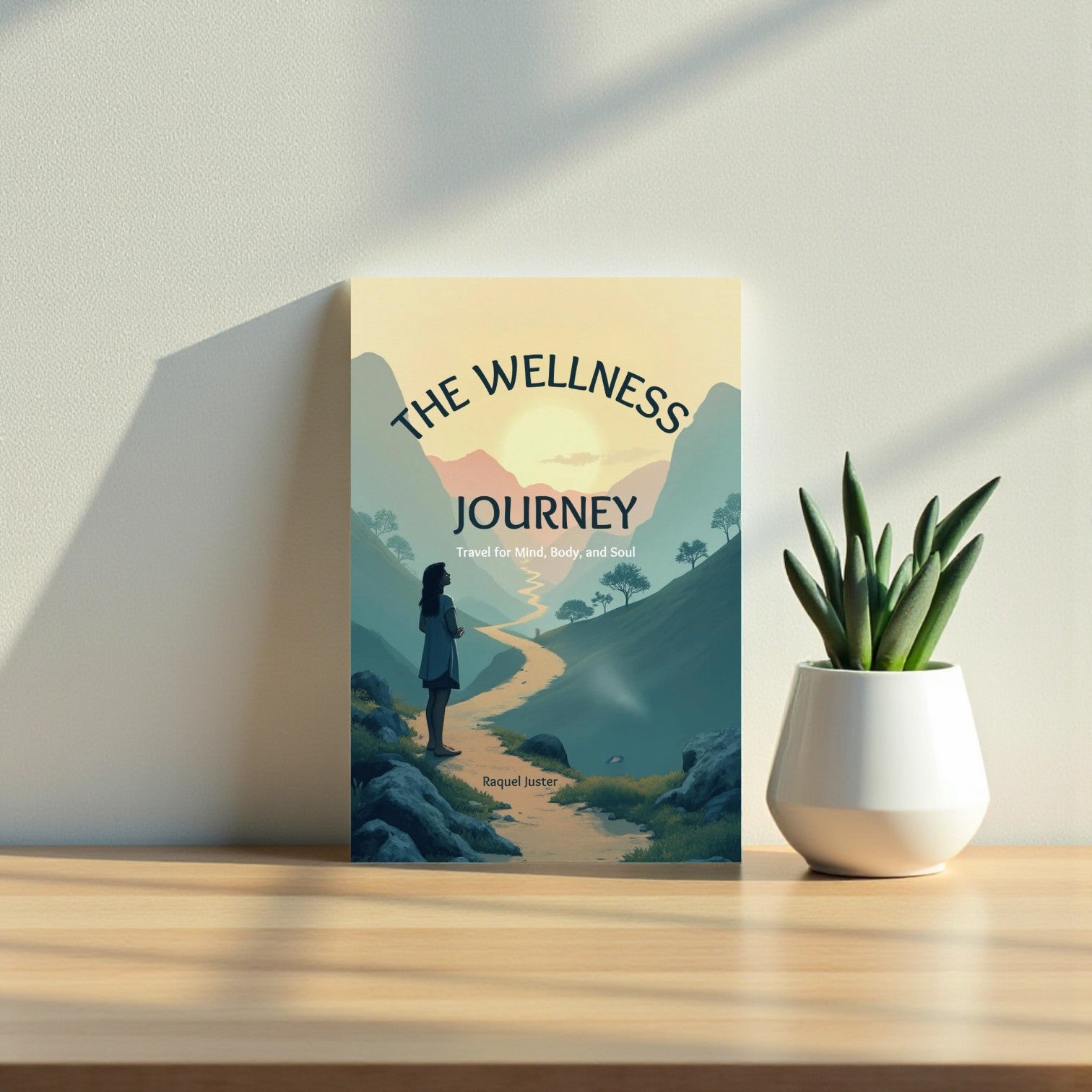 Book titled 'The Wellness Journey' on a wooden surface with a plant in the background

