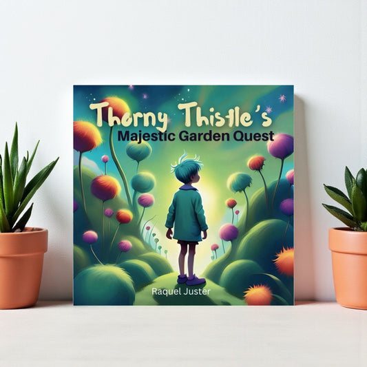 Book cover of 'Thorny Thistle's Majestic Garden Quest' with a child and flowers on a green background

