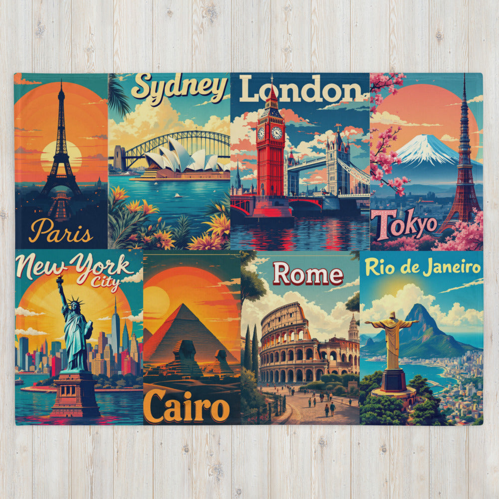 Collage of colorful travel posters featuring famous landmarks around the world on a wooden surface.


