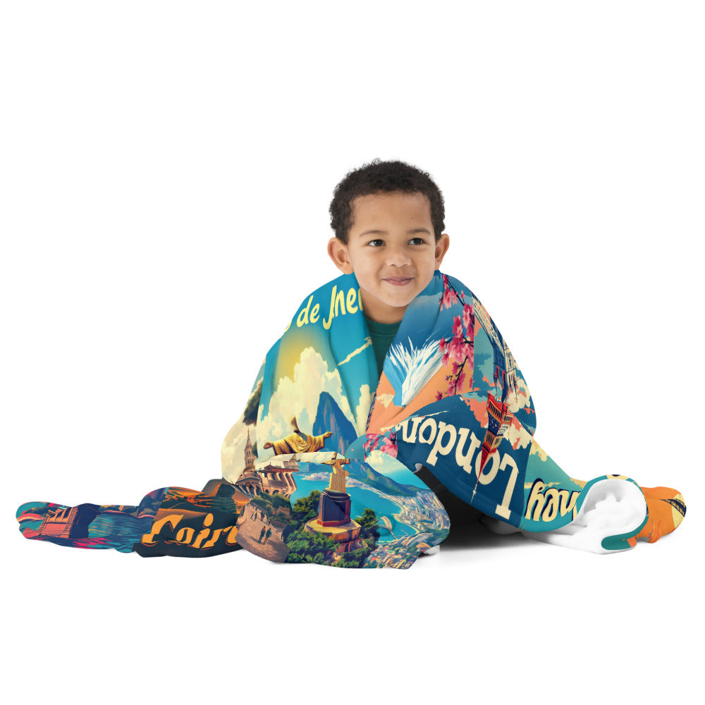 Child wrapped in a colorful blanket with travel-themed designs on a white background