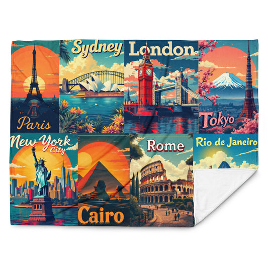 Multicolored blanket with world landmarks and city names