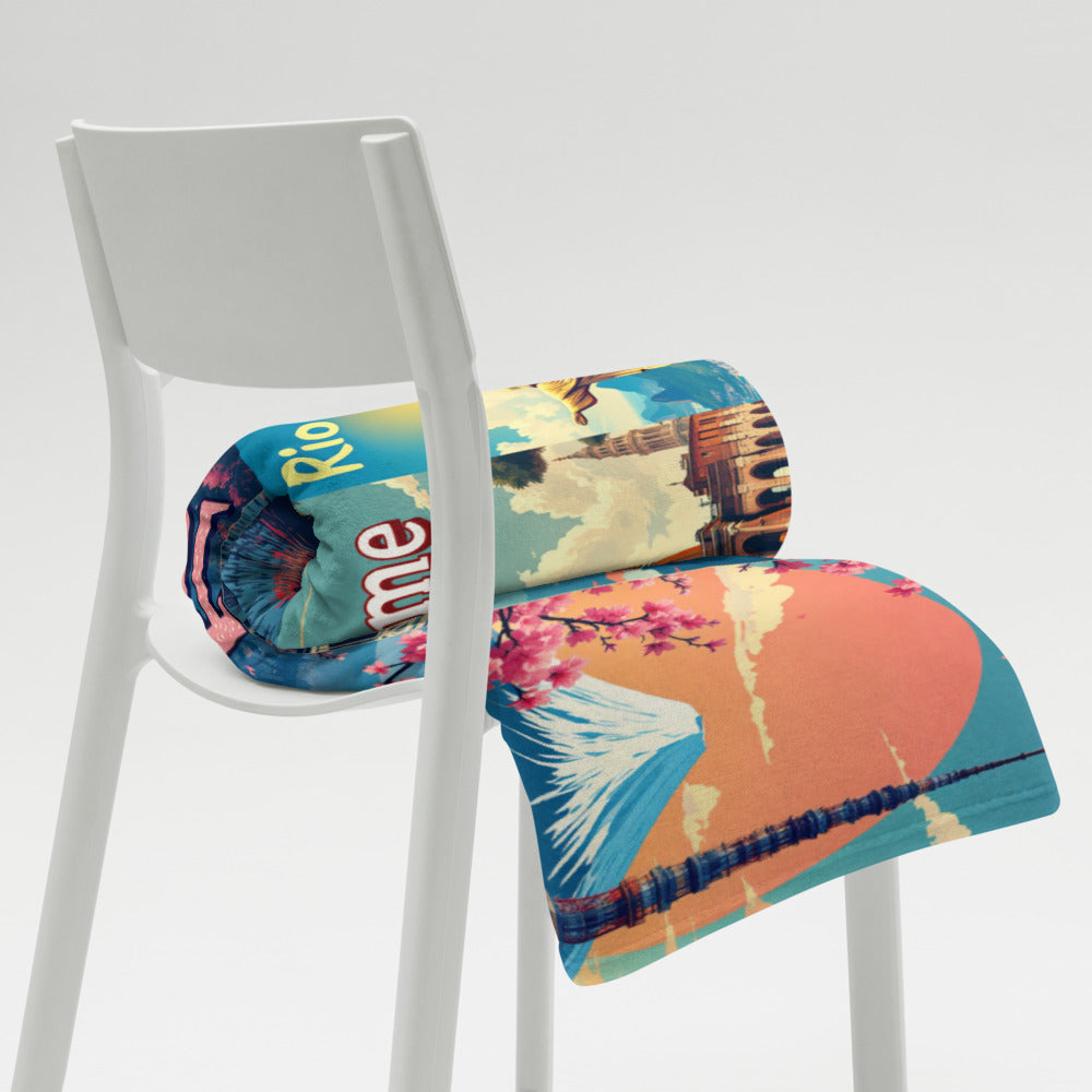 Colorful rolled-up rug with 'Rio' text on a white chair against a light gray background

