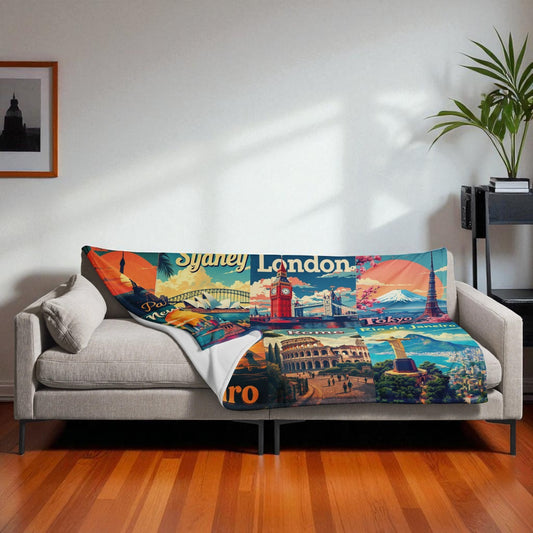 Colorful blanket with world landmarks on a gray sofa in a living room.

