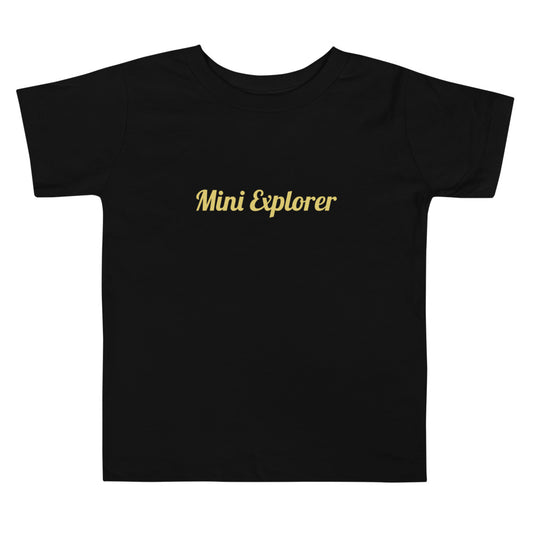 Black t-shirt with 'Mini Explorer' text in gold on a white background


