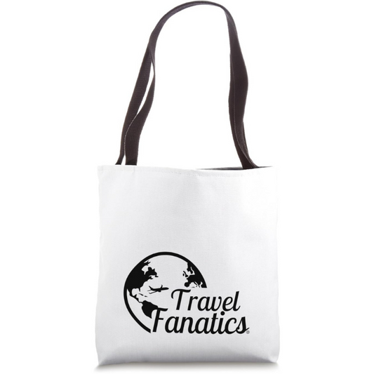 White tote bag with 'Travel Fanatics' logo on a white background

