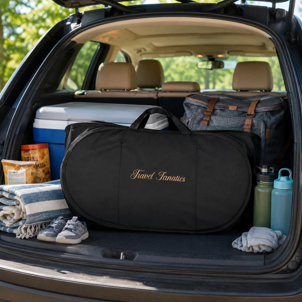 Trunk of a car with travel gear including a black Travel Fanatics Travel Laundry Basket, duffel bag, cooler, and shoes.