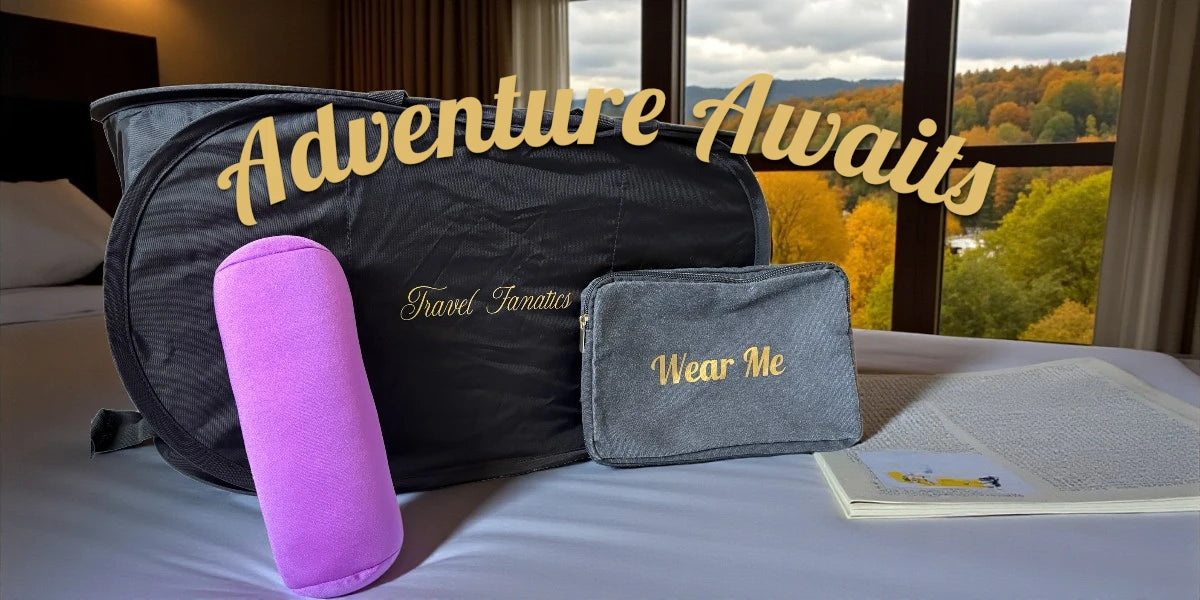 travel fanatics microbead pillow, wear me bag, foldable laundry basket