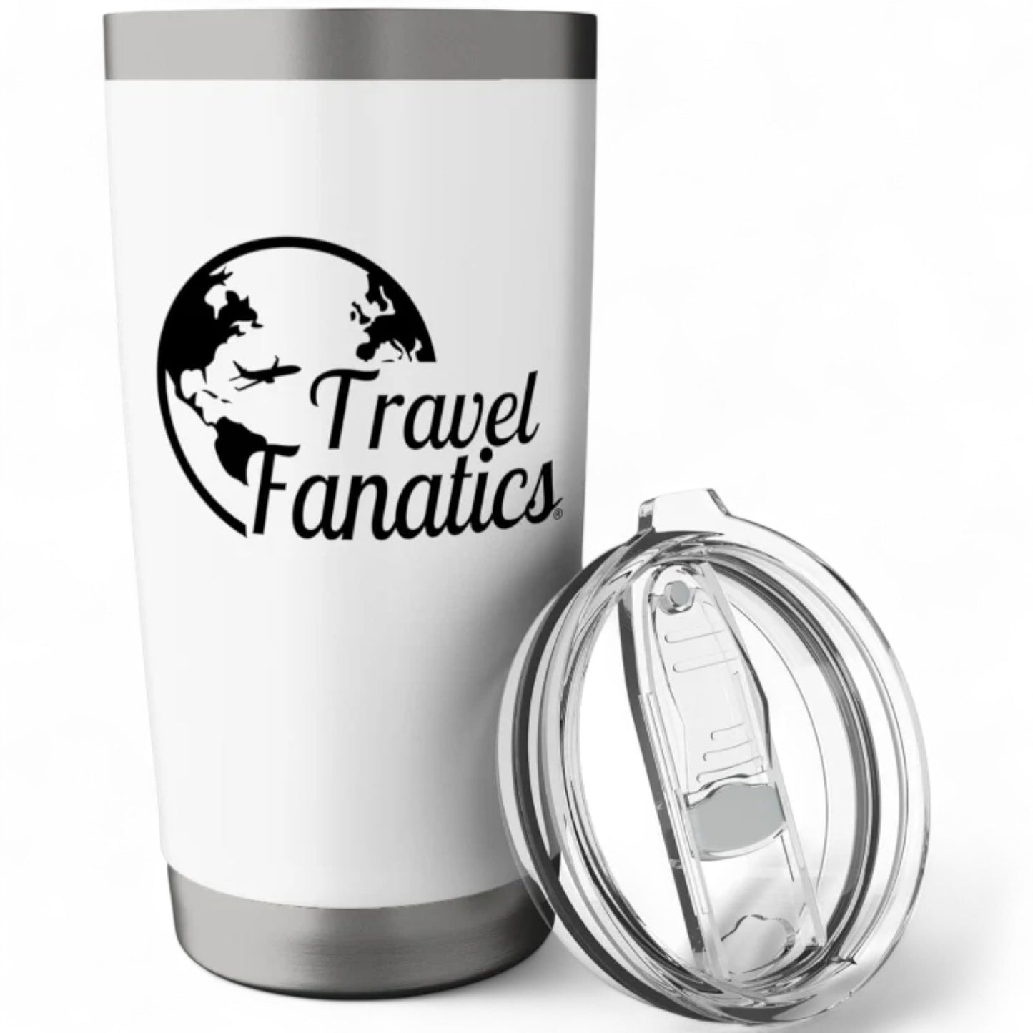 White tumbler with 'Travel Fanatics' logo and clear lid on a white background 